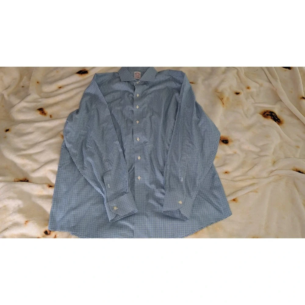 Brooks Brothers Madison Dress Shirt Mens 17.5 36 Blue Green Check Non-Iron